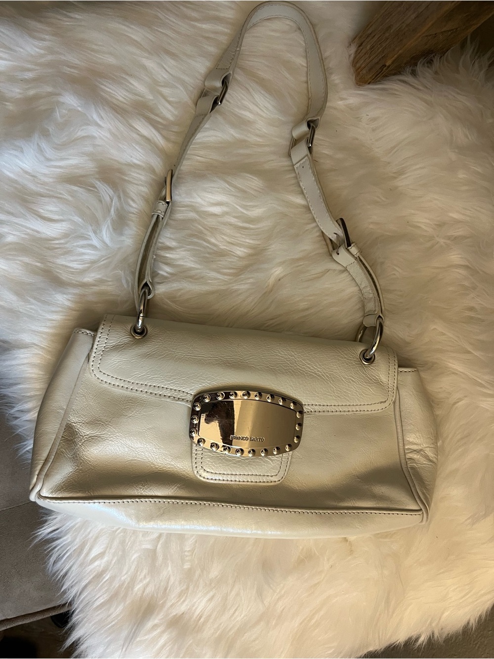 Franco Sarto Cream white Leather Shoulder Bag with silver Plate